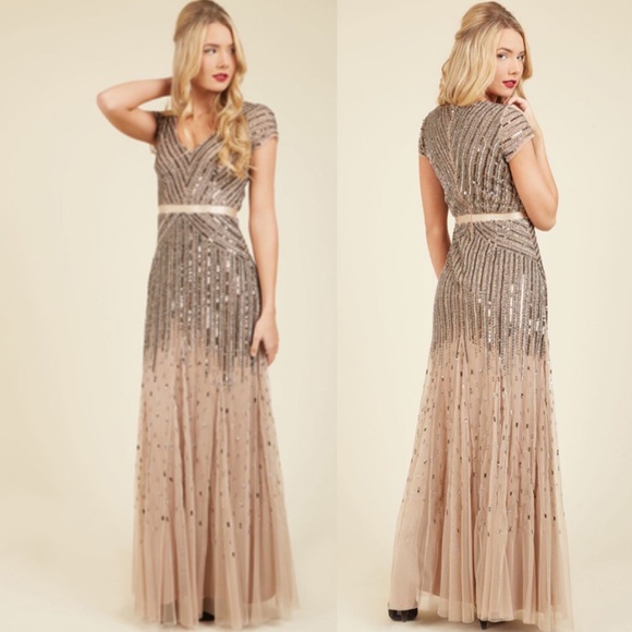 Adrianna-Papell beaded short sleeves V-Neck long evening Gown - Picture 6 of 16